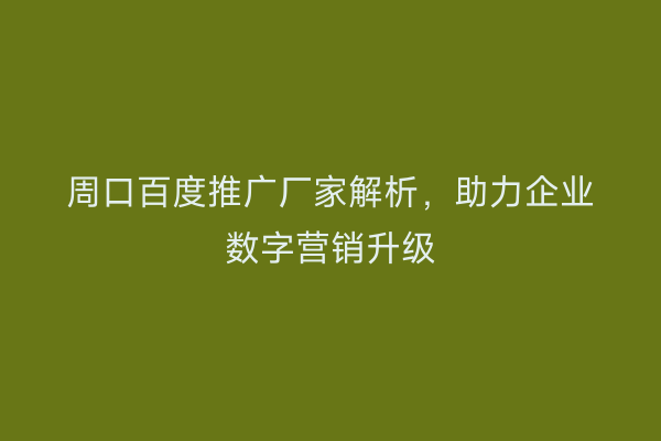 周口百度推广厂家解析,助力企业数字营销升级