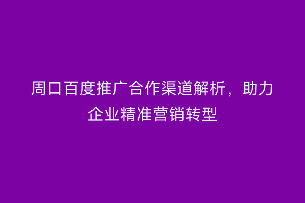 周口百度推广合作渠道解析,助力企业精准营销转型