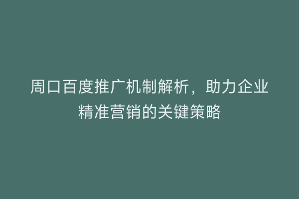 周口百度推广机制解析,助力企业精准营销的关键策略