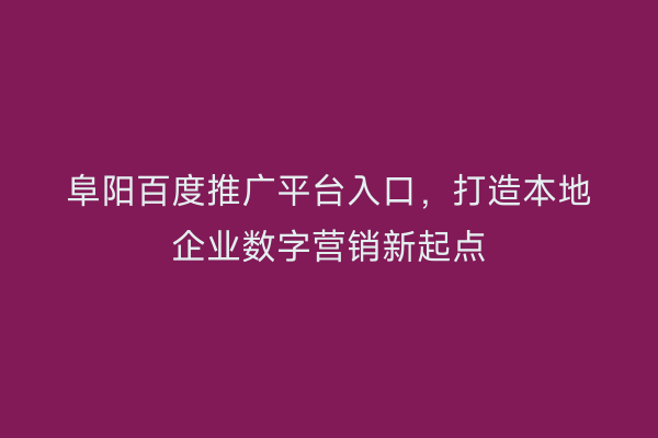 阜阳百度推广平台入口，打造本地企业数字营销新起点