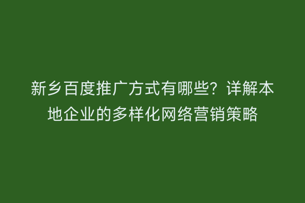 新乡百度推广方式有哪些？详解本地企业的多样化网络营销策略