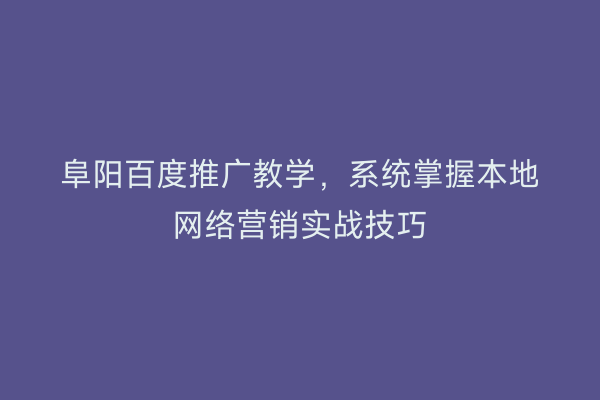 阜阳百度推广教学，系统掌握本地网络营销实战技巧