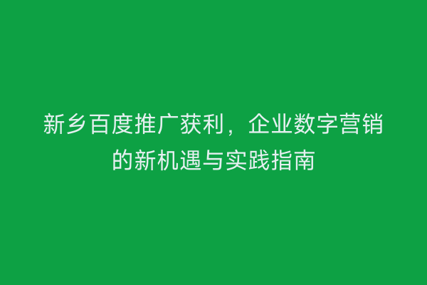 新乡百度推广获利,企业数字营销的新机遇与实践指南
