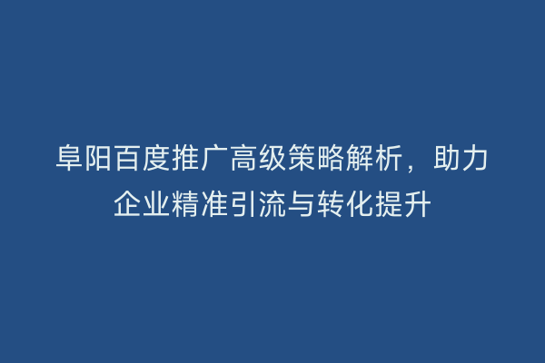 阜阳百度推广高级策略解析,助力企业精准引流与转化提升
