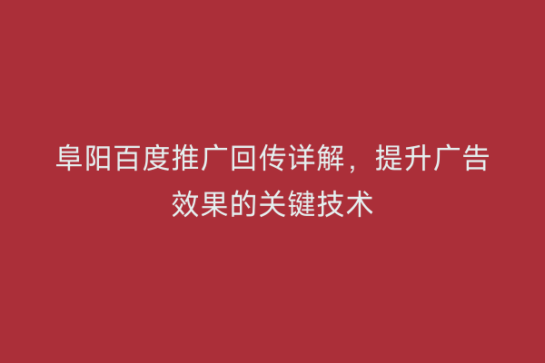 阜阳百度推广回传详解,提升广告效果的关键技术