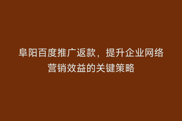 阜阳百度推广返款,提升企业网络营销效益的关键策略