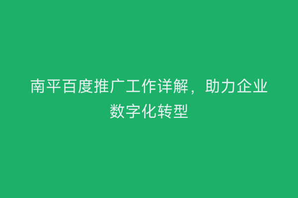 南平百度推广工作详解,助力企业数字化转型