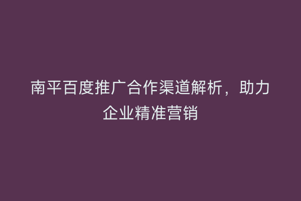 南平百度推广合作渠道解析，助力企业精准营销