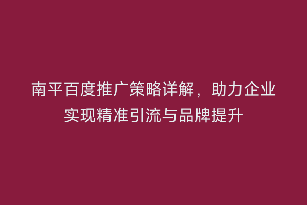 南平百度推广策略详解,助力企业实现精准引流与品牌提升