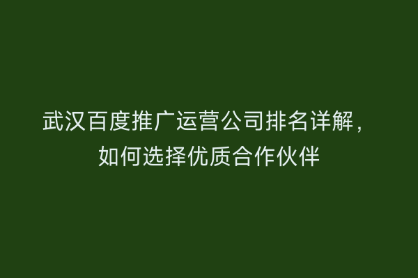 武汉百度推广运营公司排名详解，如何选择优质合作伙伴