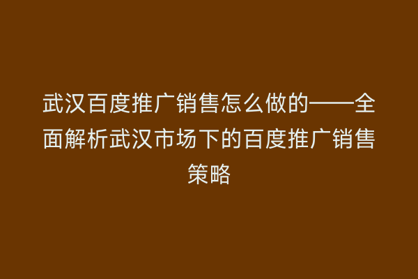 武汉百度推广销售怎么做的——全面解析武汉市场下的百度推广销售策略