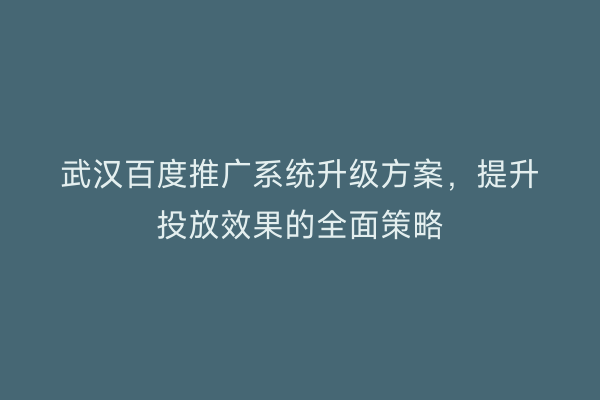 武汉百度推广系统升级方案，提升投放效果的全面策略