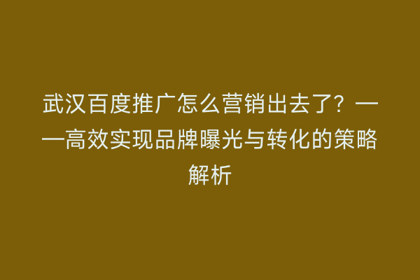 武汉百度推广怎么营销出去了？——高效实现品牌曝光与转化的策略解析