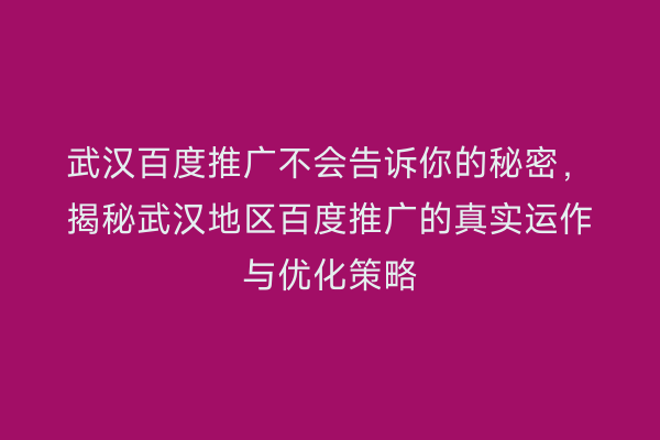 武汉百度推广不会告诉你的秘密，揭秘武汉地区百度推广的真实运作与优化策略