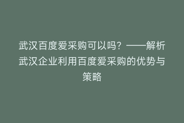 武汉百度爱采购可以吗？——解析武汉企业利用百度爱采购的优势与策略