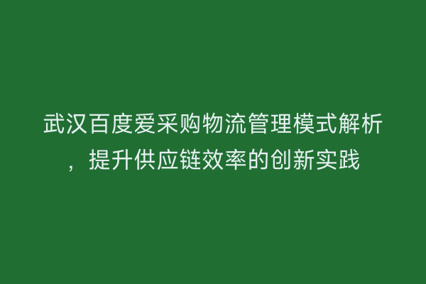 武汉百度爱采购物流管理模式解析，提升供应链效率的创新实践