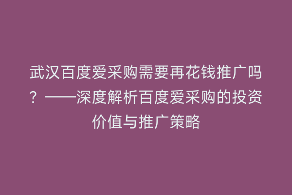 武汉百度爱采购需要再花钱推广吗?——深度解析百度爱采购的投资价值与推广策略