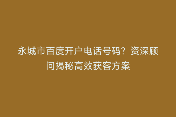 永城市百度开户电话号码？资深顾问揭秘高效获客方案