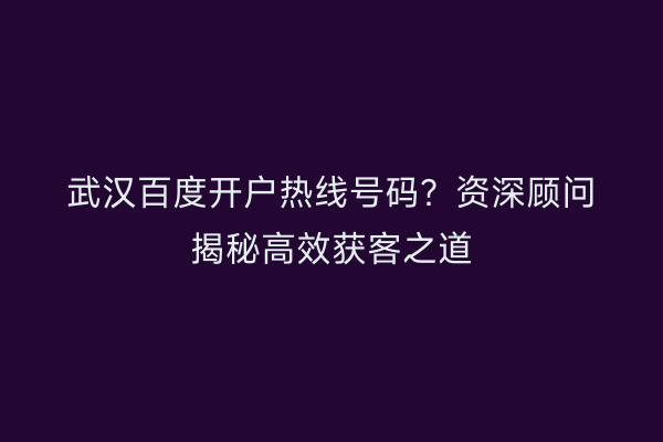 武汉百度开户热线号码？资深顾问揭秘高效获客之道