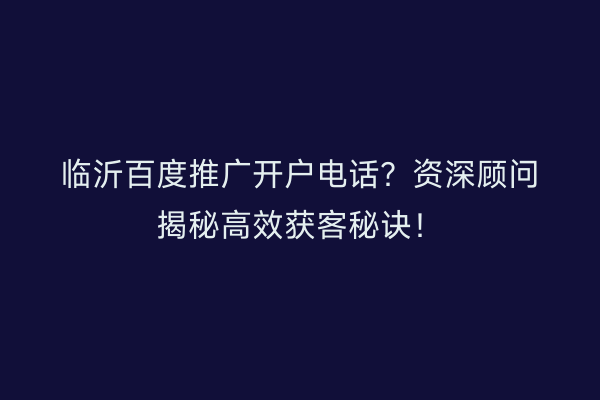 临沂百度推广开户电话？资深顾问揭秘高效获客秘诀！