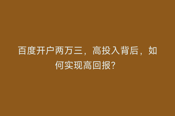 百度开户两万三，高投入背后，如何实现高回报？