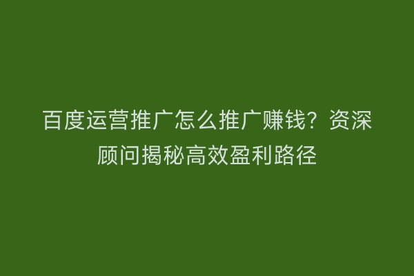 百度运营推广怎么推广赚钱？资深顾问揭秘高效盈利路径