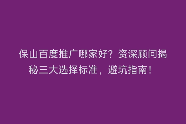 保山百度推广哪家好？资深顾问揭秘三大选择标准，避坑指南！