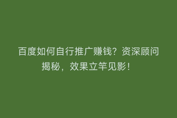 百度如何自行推广赚钱？资深顾问揭秘，效果立竿见影！