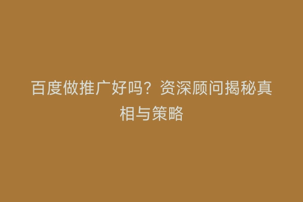 百度做推广好吗？资深顾问揭秘真相与策略