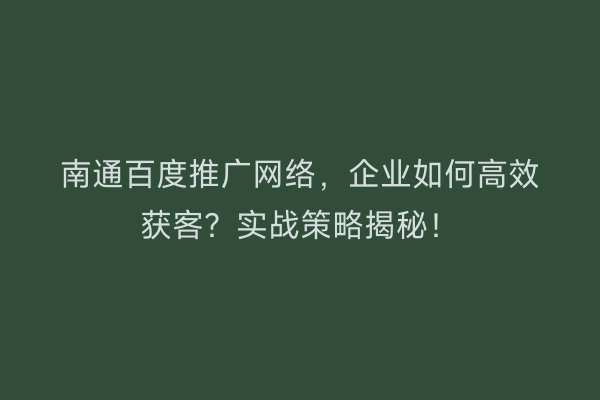 南通百度推广网络，企业如何高效获客？实战策略揭秘！